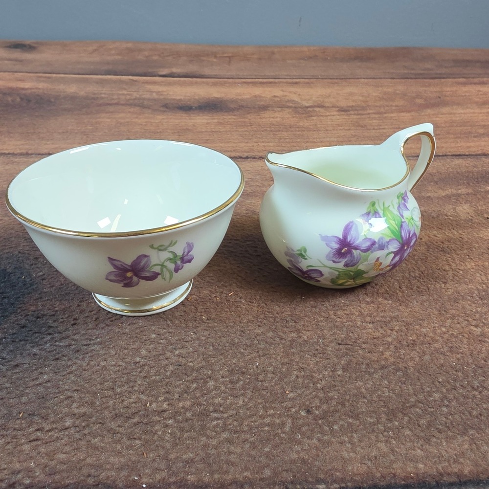 H.M. Sutherland Creamer and Sugar Bowl Set White Purple Excellent Floral Violets